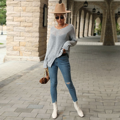 Solid color slit lazy style sweater for women