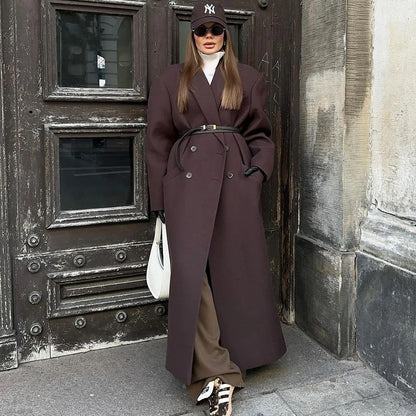 Lapel solid-color long overcoat V-neck long warm trench coat.