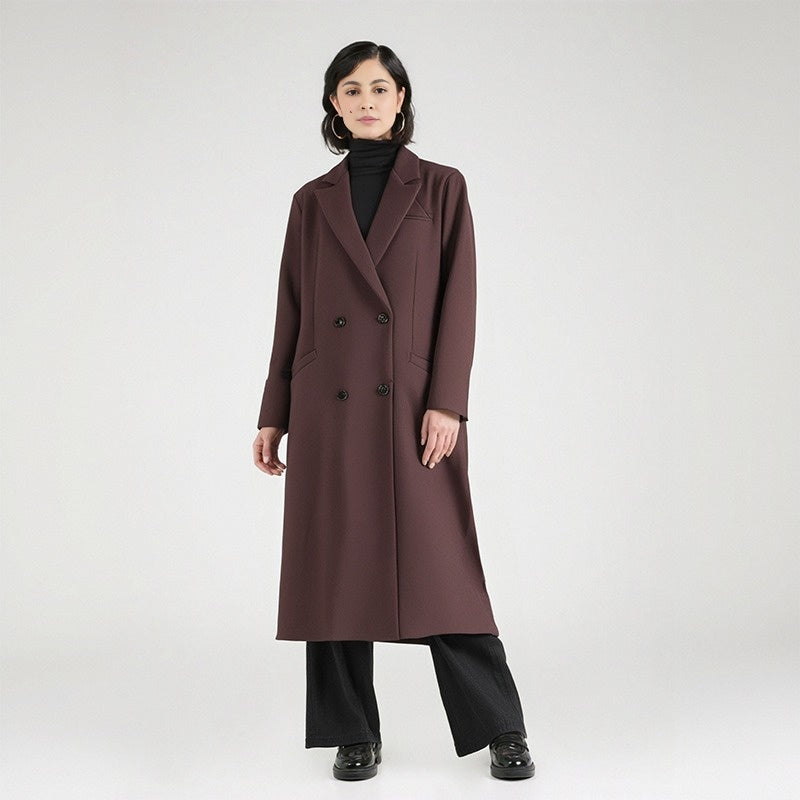 Lapel solid-color long overcoat V-neck long warm trench coat.