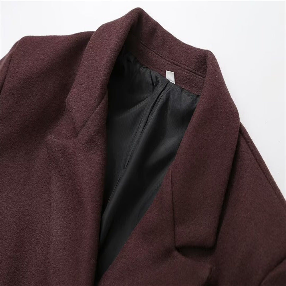 Lapel solid-color long overcoat V-neck long warm trench coat.