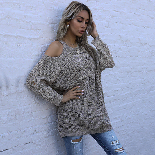 Long sleeved slim fit solid color round neck off shoulder sweater